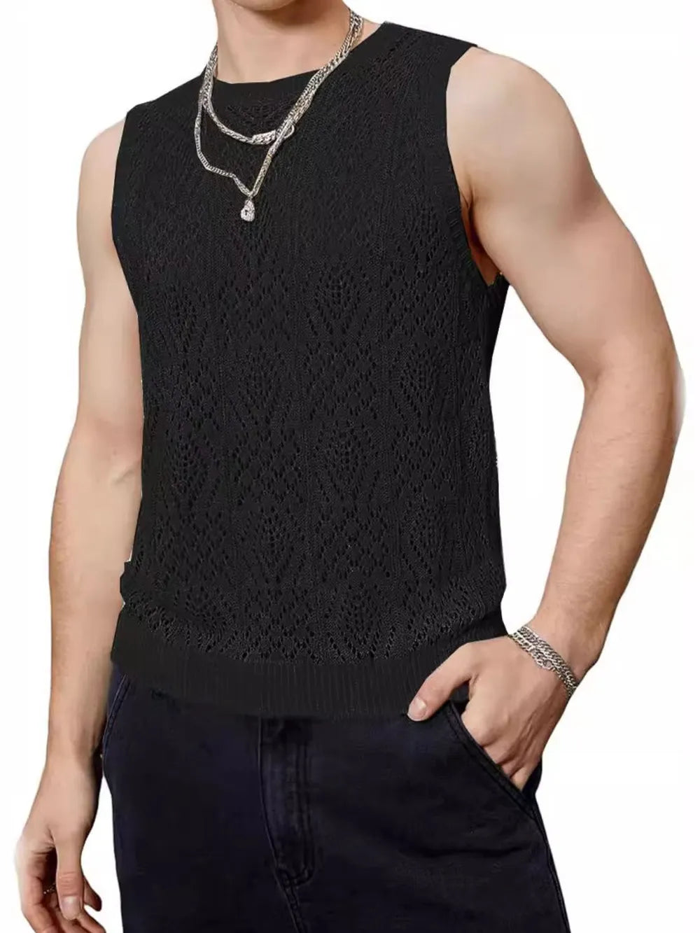 Men's Openwork Round Neck Tank