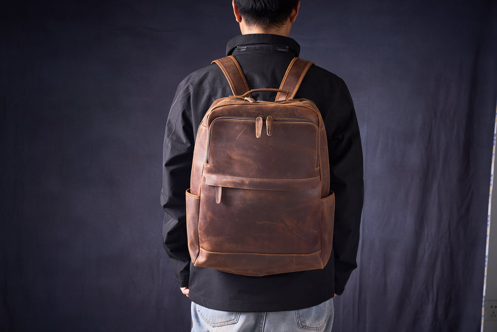 Crazy Horse Leather Backpack Men Laptop Backpack Handmade Travel Backpack MSG7635