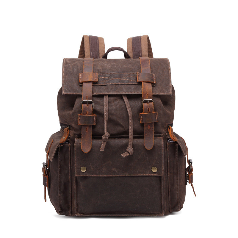 Outing Waxed Canvas Leather Backpack, Big Capacity Laptop Backpack, Vintage Waterproof Shoulder School Bag 5358