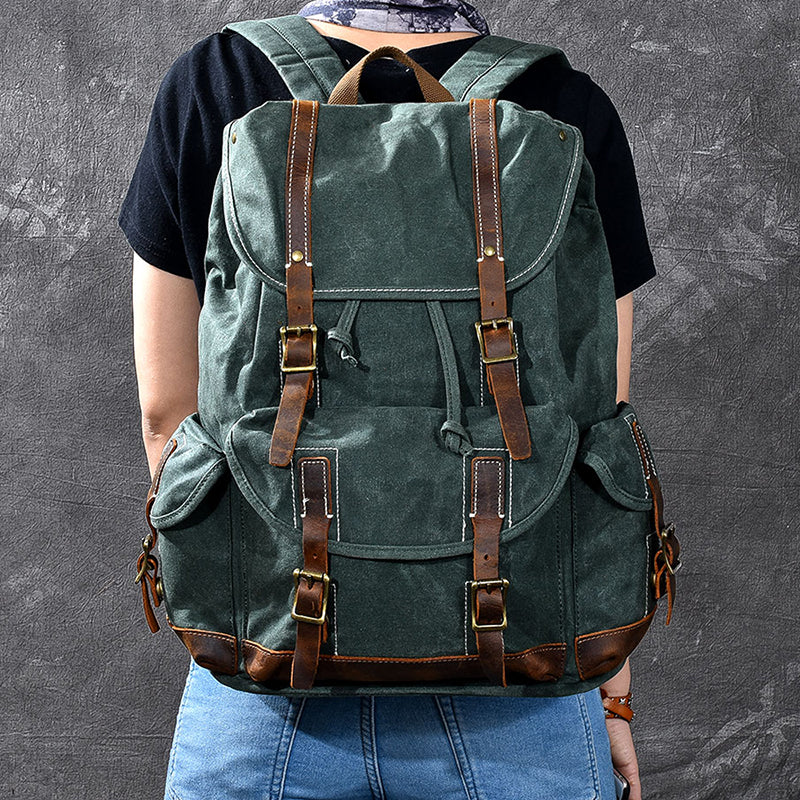 Waxed Canvas With Leather Backpack Vintage Large Capacity Backpack Travel Backpack