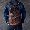 Crazy Horse Leather Men Travel Backpack Retro Laptop Backpack Bucket Backpack