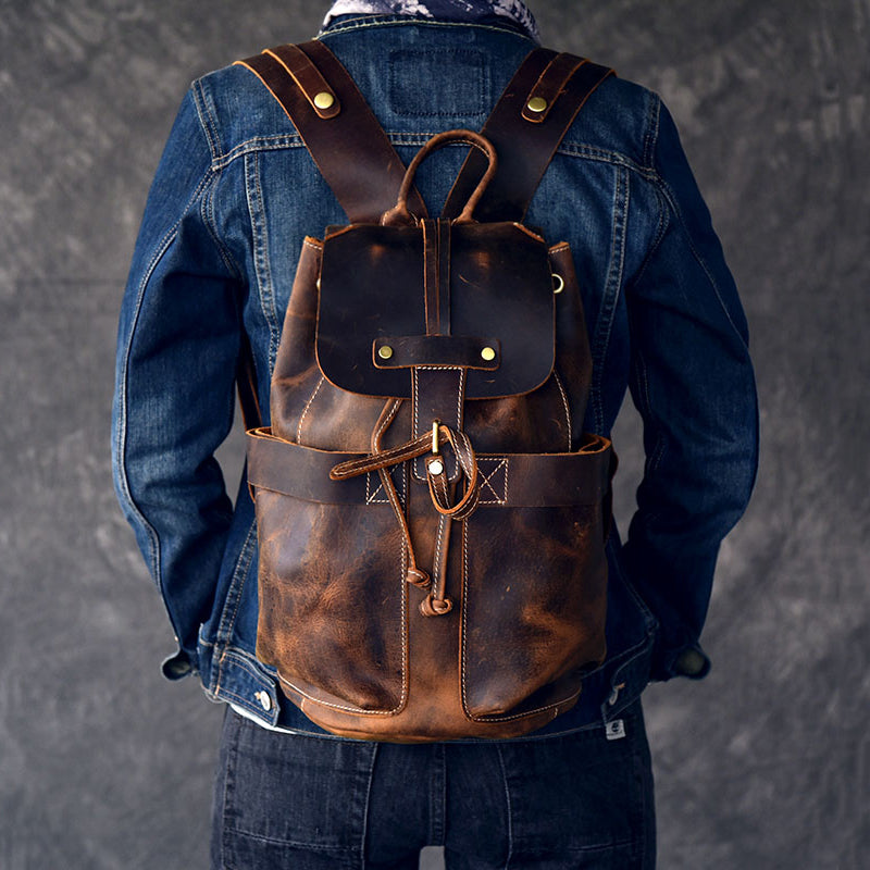 Crazy Horse Leather Men Travel Backpack Retro Laptop Backpack Bucket Backpack