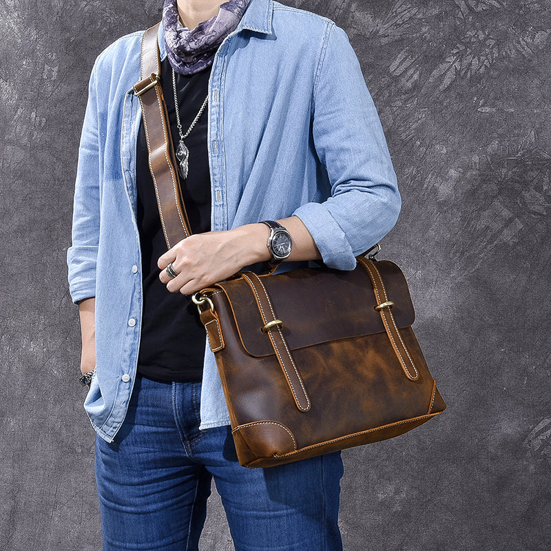 Crazy Horse Leather Men's Briefcase Retro Messenger Bag