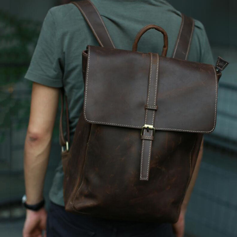 Crazy Horse Leather Laptop Backpack Handmade Travel Backpack Men Backpack