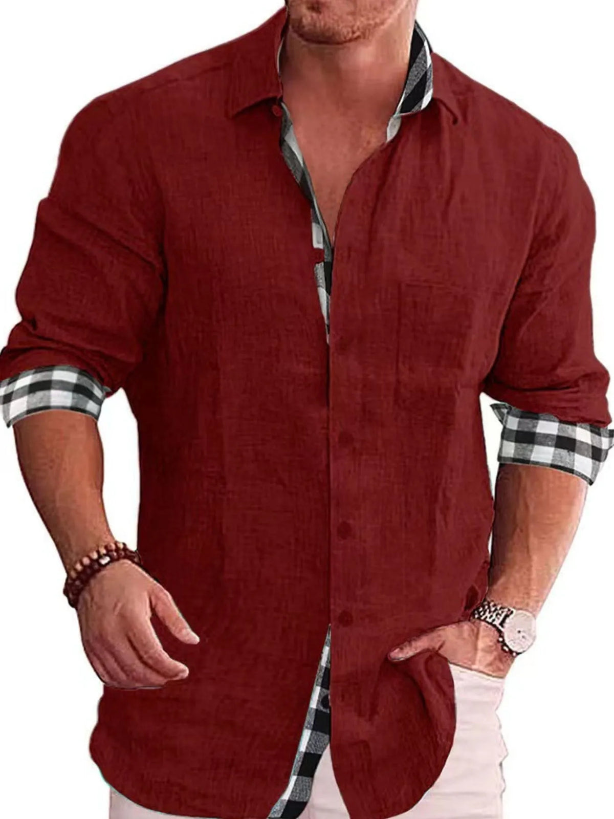 Men's Full Size Casual Linen Plaid-Trim Button Down Shirt Plus Size