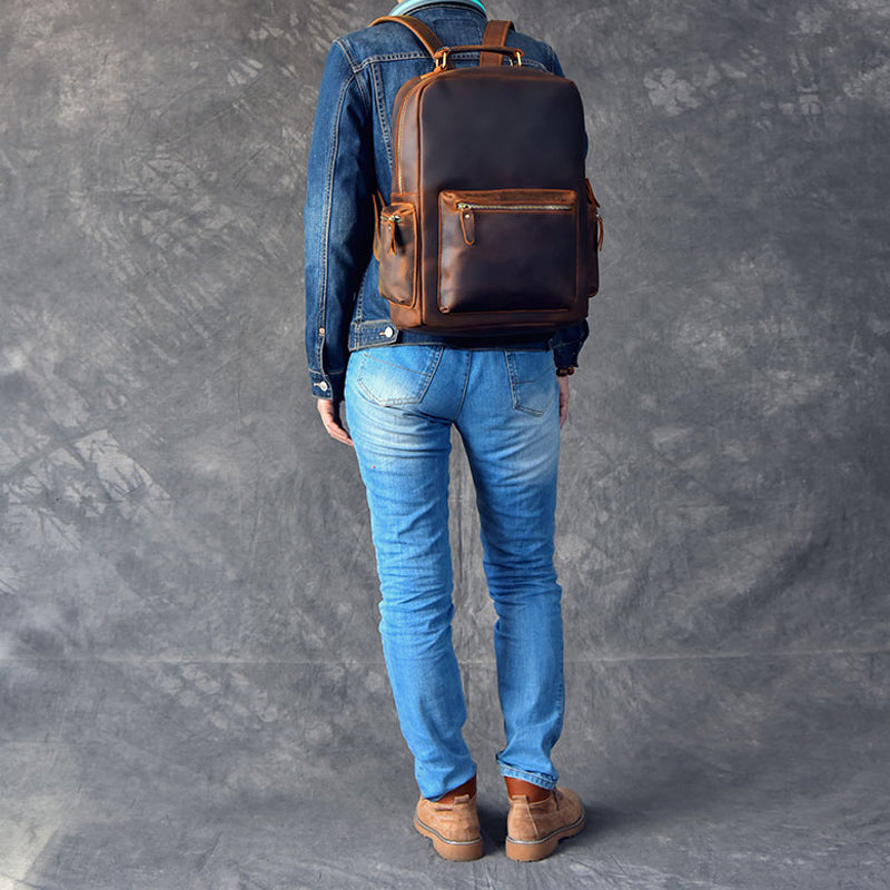 Men Retro Backpack Crazy Horse Leather Travel Backpack Laptop Backpack