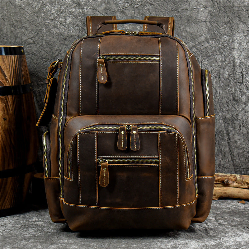 Crazy Horse Leather Travel Backpack Men Leather Laptop Backpack Retro Leather Rucksack
