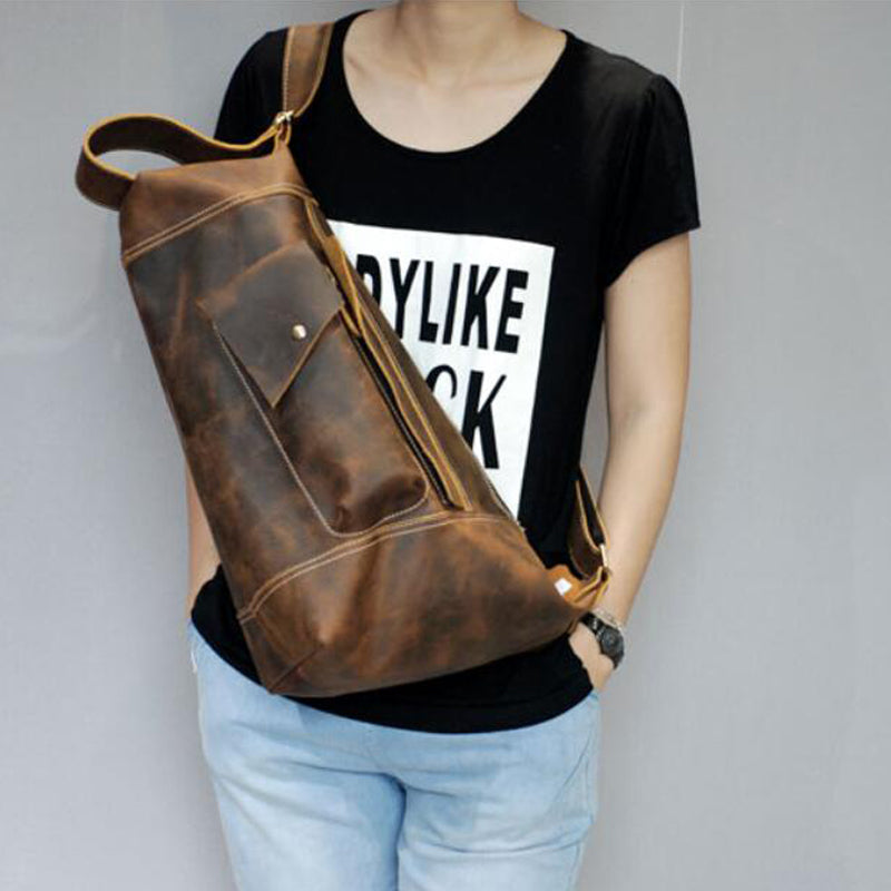 Crazy Horse Leather Men Shoulder Bag Chest Pack Retro Crossbody Bag