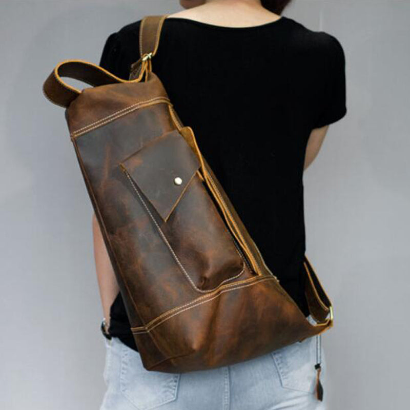 Crazy Horse Leather Men Shoulder Bag Chest Pack Retro Crossbody Bag