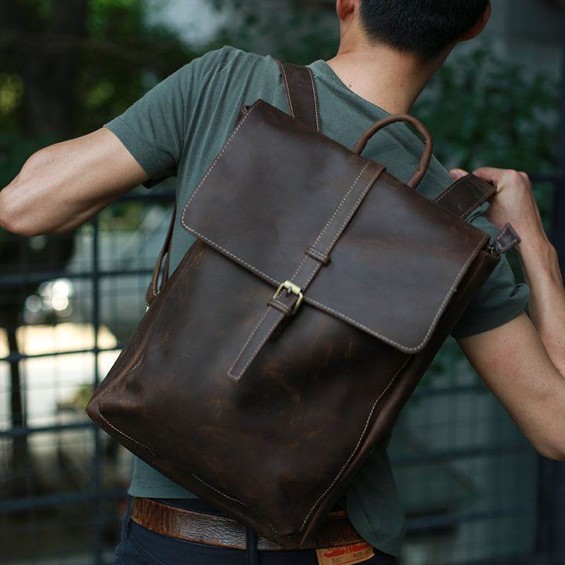Crazy Horse Leather Laptop Backpack Handmade Travel Backpack Men Backpack