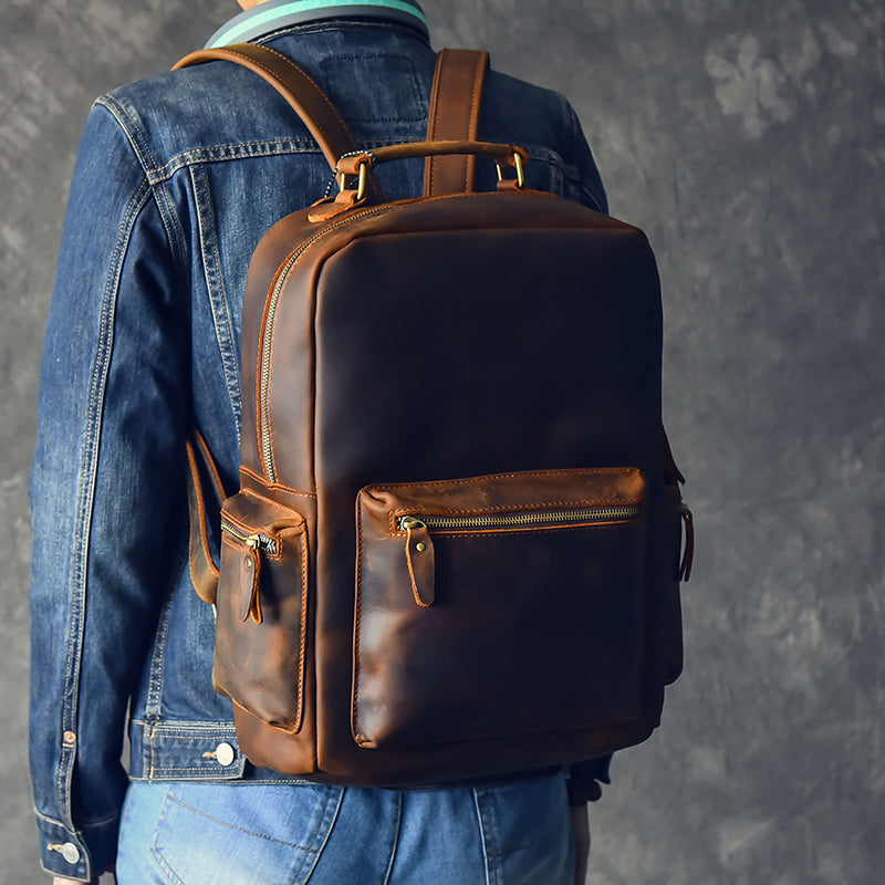 Men Retro Backpack Crazy Horse Leather Travel Backpack Laptop Backpack