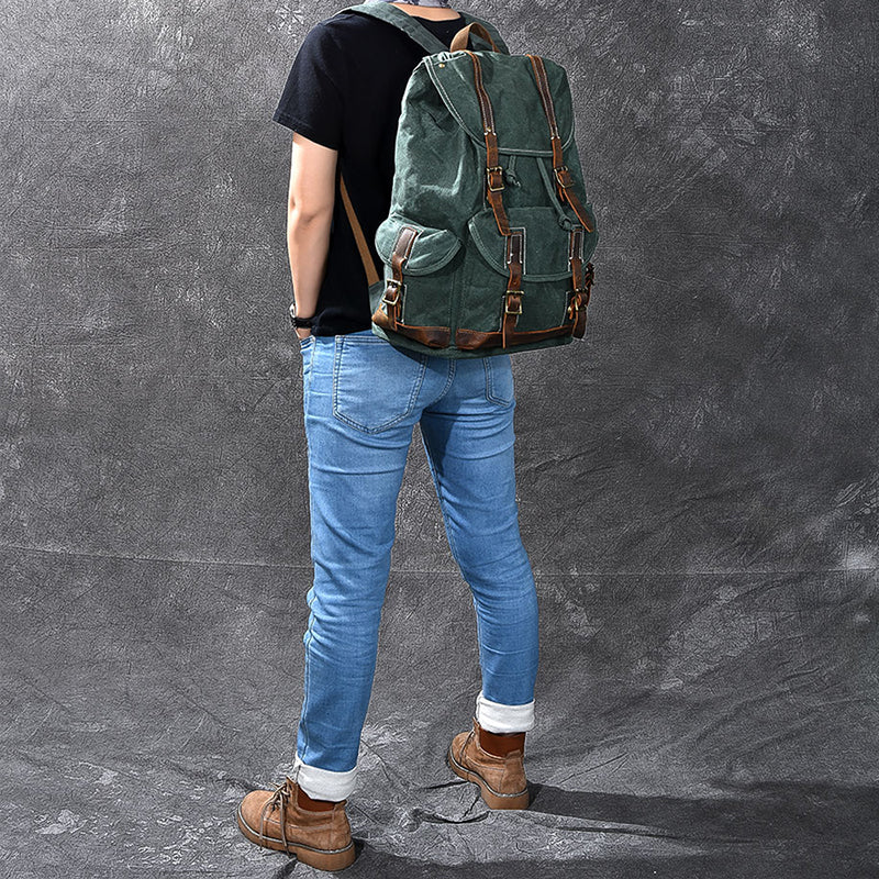 Waxed Canvas With Leather Backpack Vintage Large Capacity Backpack Travel Backpack