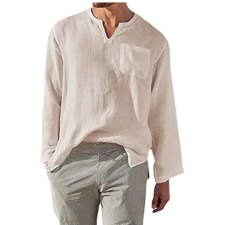 Men's Full Size Casual Notched Linen Long Sleeve Top Plus Size