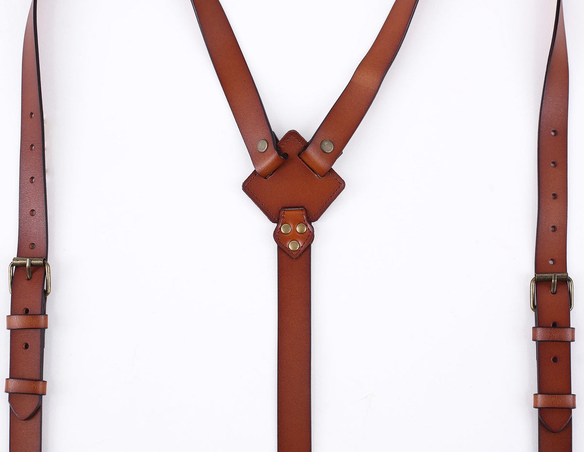 Leather Suspenders For Men Adjustable Brown Genuine Leather Suspenders Groomsmen Gifts for Wedding