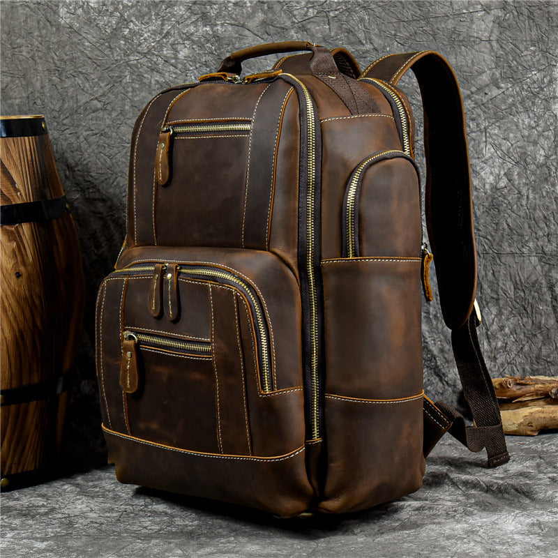 Crazy Horse Leather Travel Backpack Men Leather Laptop Backpack Retro Leather Rucksack