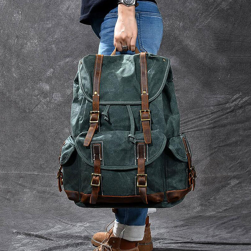 Waxed Canvas With Leather Backpack Vintage Large Capacity Backpack Travel Backpack