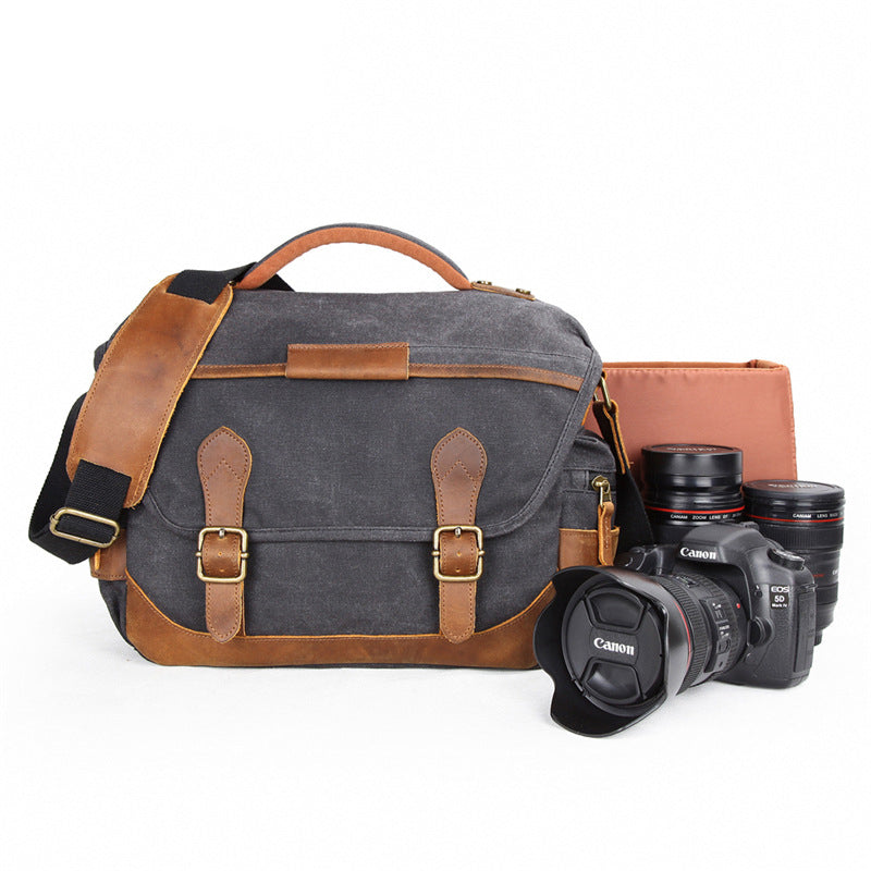 Leather With Canvas Camera Bag Waterproof DSLR Camera Bag Shoulder Messenger Bag QSM3035