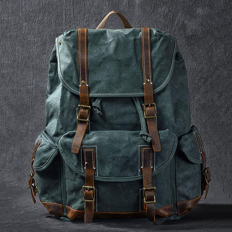 Waxed Canvas With Leather Backpack Vintage Large Capacity Backpack Travel Backpack