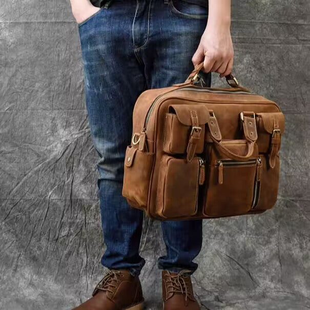 Crazy Horse Leather Shoulder Bag Retro Tote Bag Large Capacity Messenger Bag
