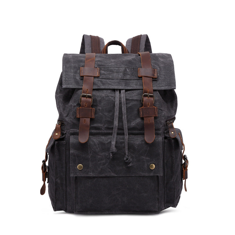 Outing Waxed Canvas Leather Backpack, Big Capacity Laptop Backpack, Vintage Waterproof Shoulder School Bag 5358