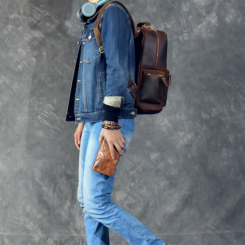 Men Retro Backpack Crazy Horse Leather Travel Backpack Laptop Backpack