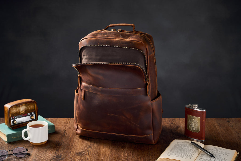 Crazy Horse Leather Backpack Men Laptop Backpack Handmade Travel Backpack MSG7635