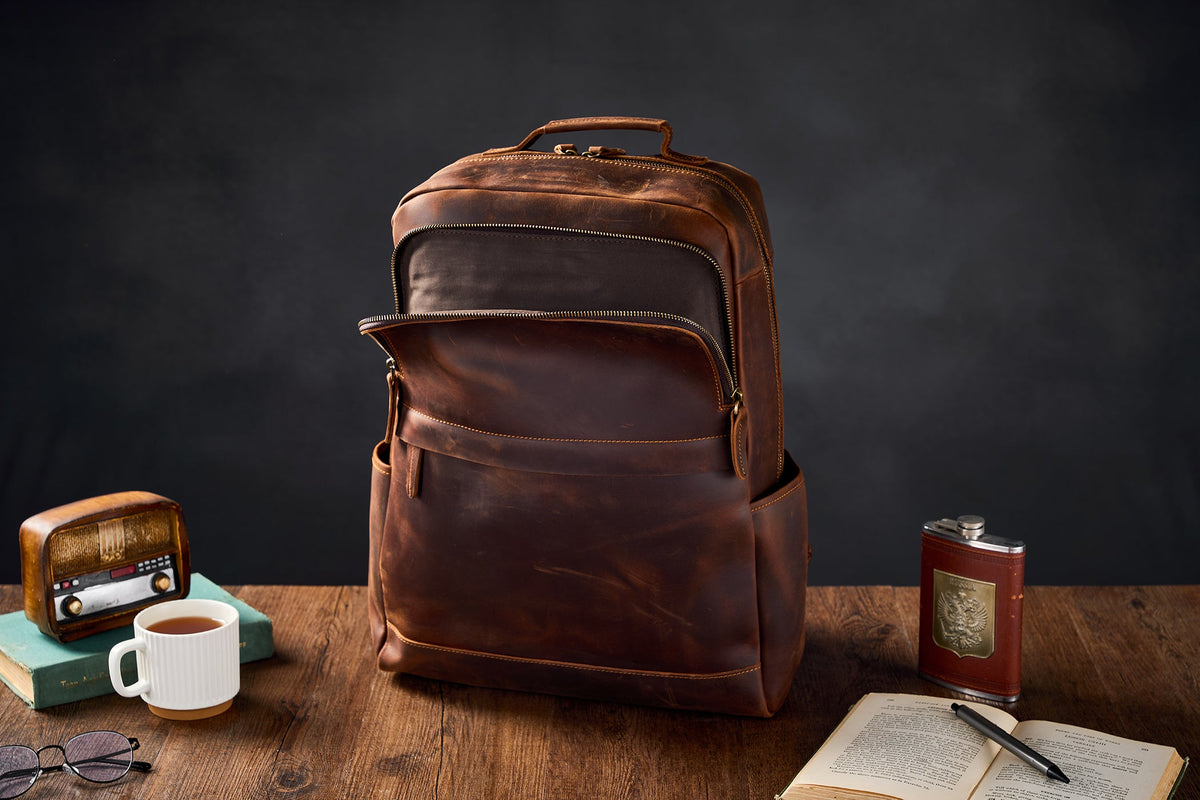 Crazy Horse Leather Backpack Men Laptop Backpack Handmade Travel Backpack MSG7635