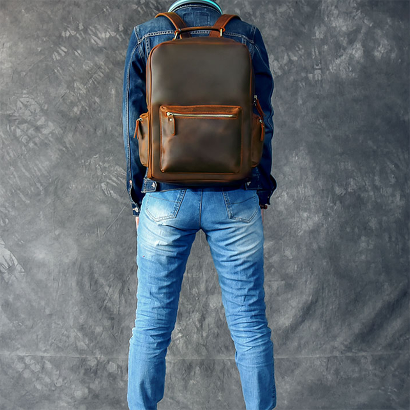 Men Retro Backpack Crazy Horse Leather Travel Backpack Laptop Backpack
