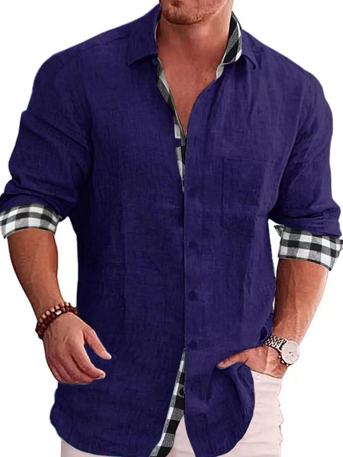 Men's Full Size Casual Linen Plaid-Trim Button Down Shirt Plus Size
