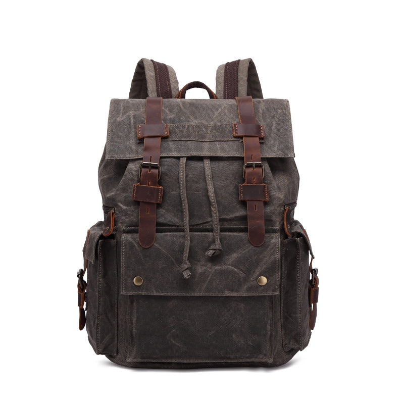 Outing Waxed Canvas Leather Backpack, Big Capacity Laptop Backpack, Vintage Waterproof Shoulder School Bag 5358
