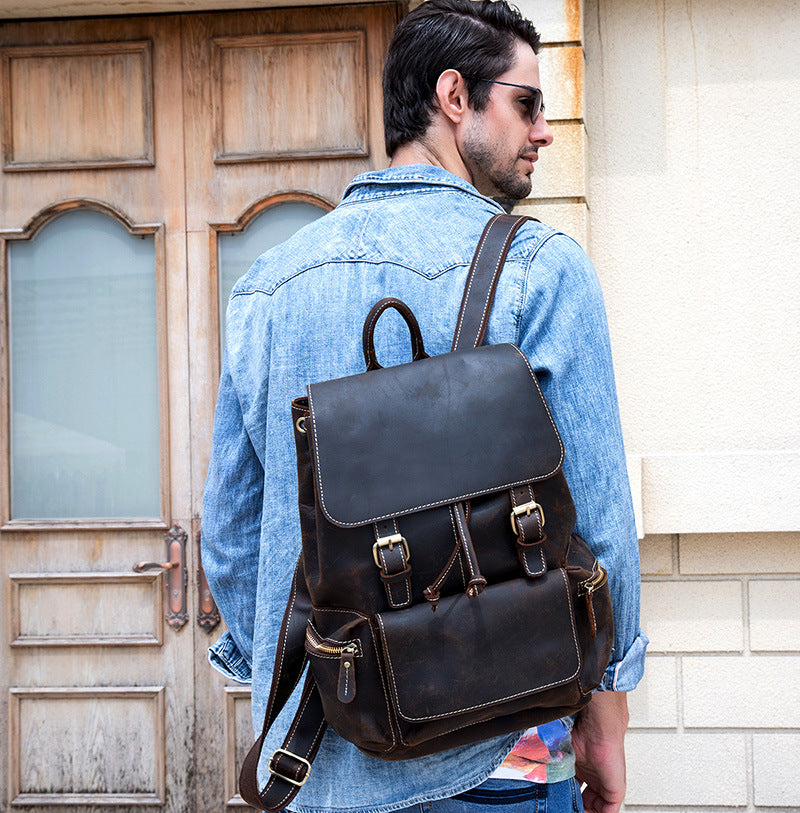 Crazy Horse Leather Backpack Laptop Backpack Travel Backpack Mens Rucksack