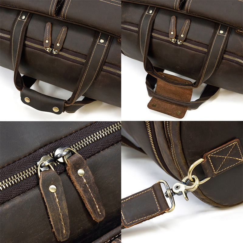 Crazy Horse Leather Duffle Bag Retro Large Capacity Tote Travel Bag Mens Weekender Overnight Bag
