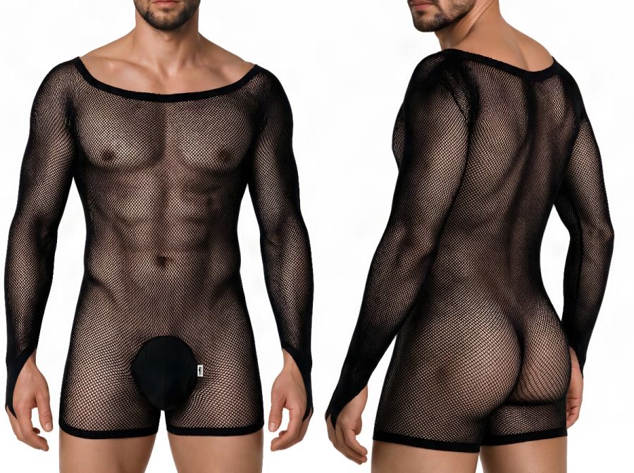CandyMan 99955 Men's Underwear Patterned Fishnet Long Sleeve Bodysuit Color Black