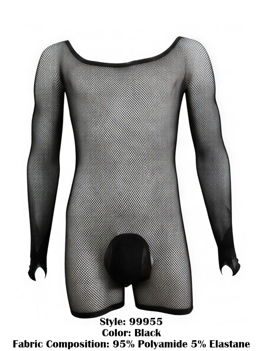 CandyMan 99955 Men's Underwear Patterned Fishnet Long Sleeve Bodysuit Color Black