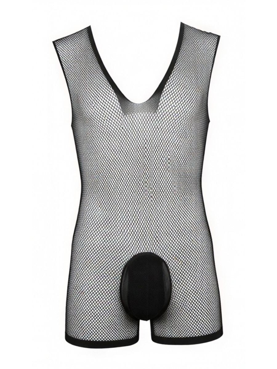 CandyMan 99956 Men's Underwear Sheer Textured Mesh Lace-Up Bodysuit Color Black