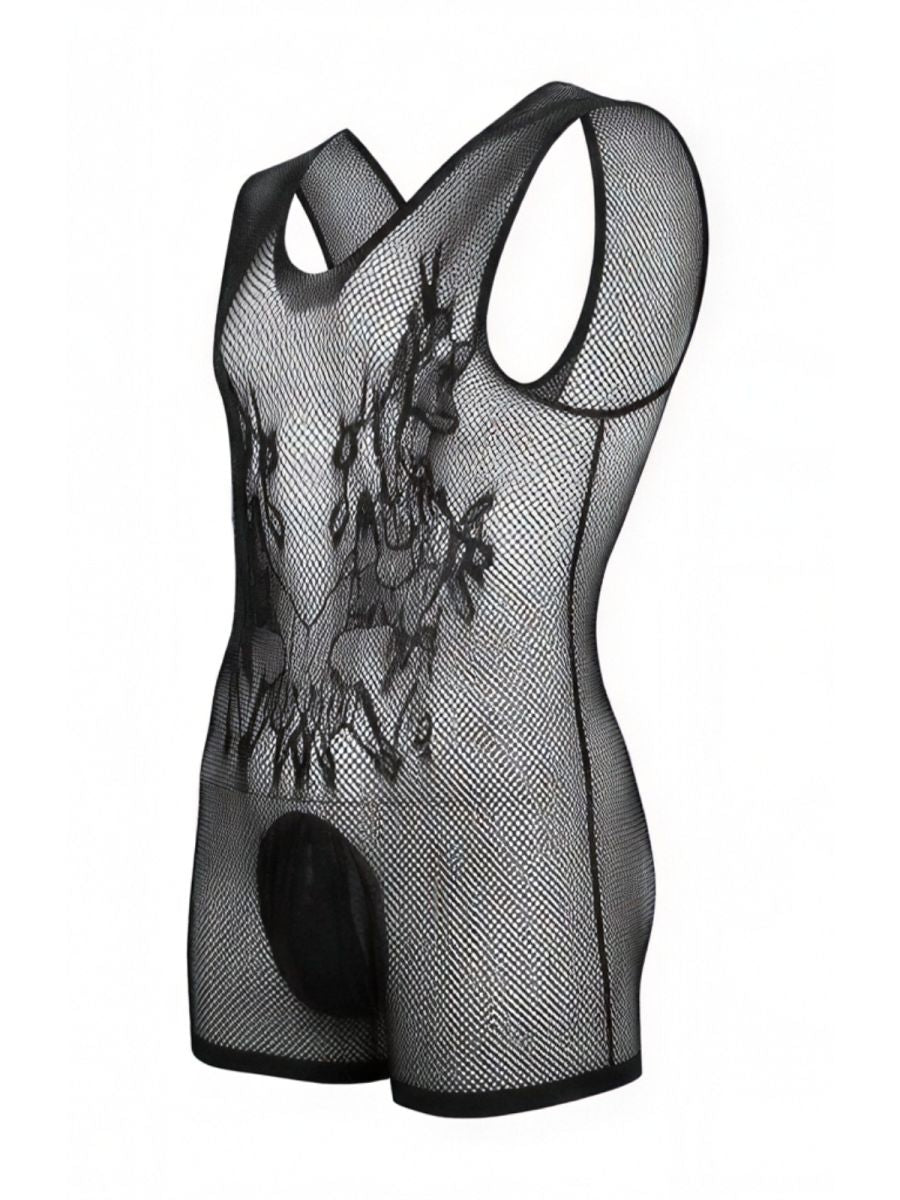 CandyMan 99958 Men's Underwear Sheer Patterned Bodysuit Color Black