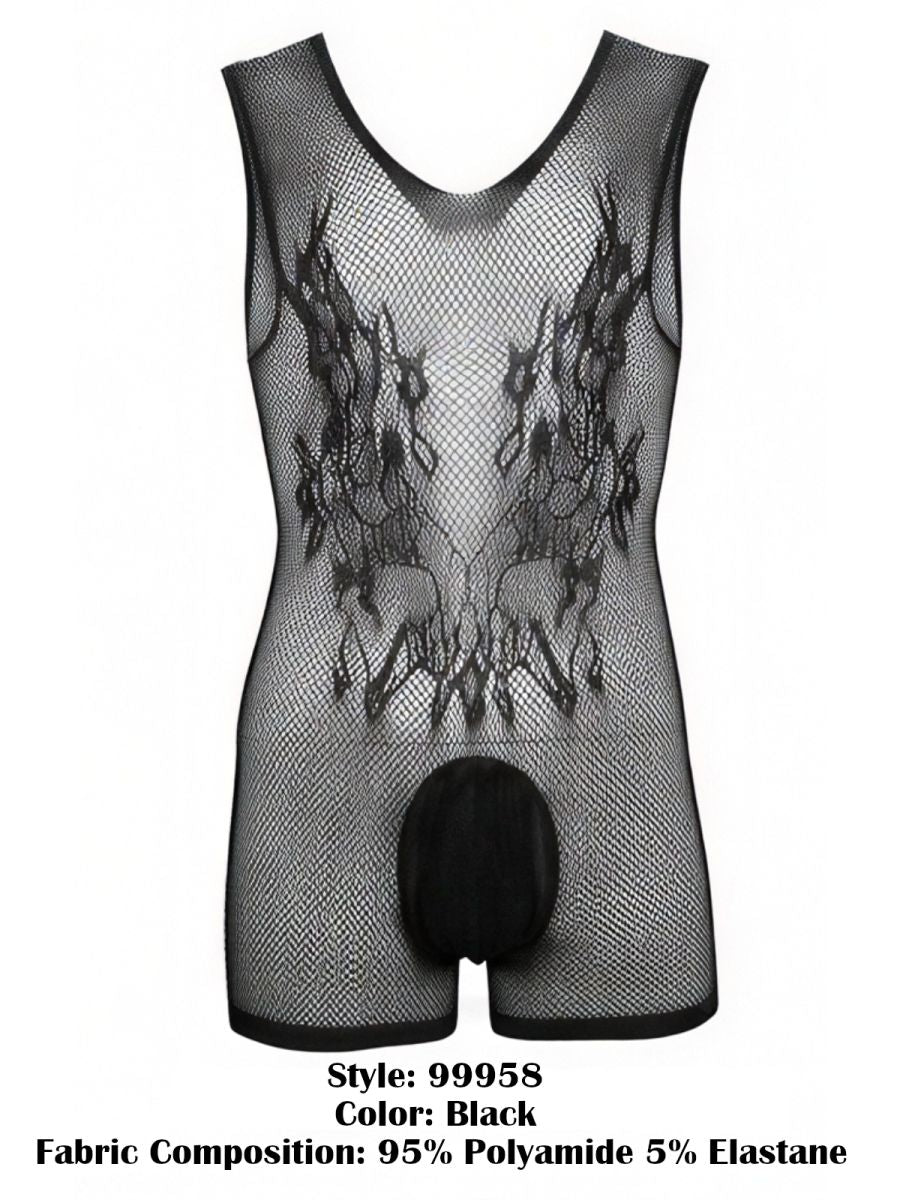 CandyMan 99958 Men's Underwear Sheer Patterned Bodysuit Color Black