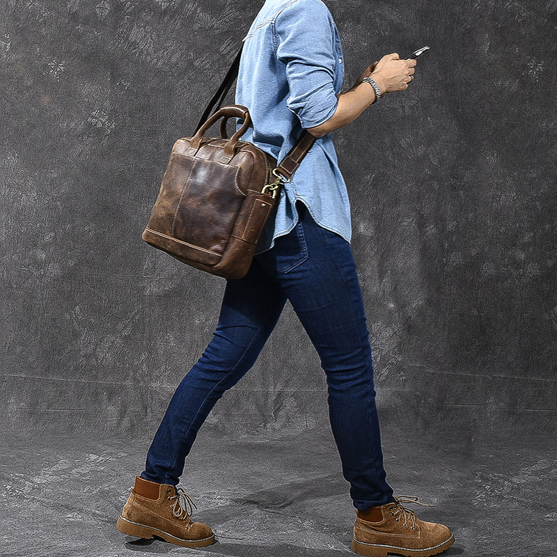 Crazy Horse Leather Large Briefcase Men Tote Bag Vintage Shoulder Messenger Bag