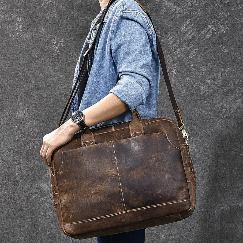 Crazy Horse Leather Large Briefcase Men Tote Bag Vintage Shoulder Messenger Bag