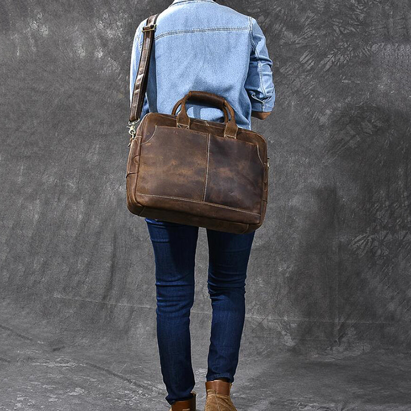 Crazy Horse Leather Large Briefcase Men Tote Bag Vintage Shoulder Messenger Bag