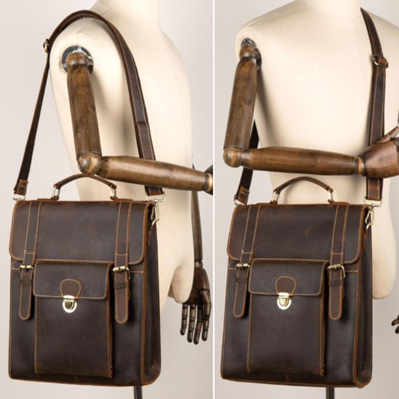 Crazy Horse Leather Men Backpack Multifunction Shoulder Messenger Bag Handmade Travel Backpack