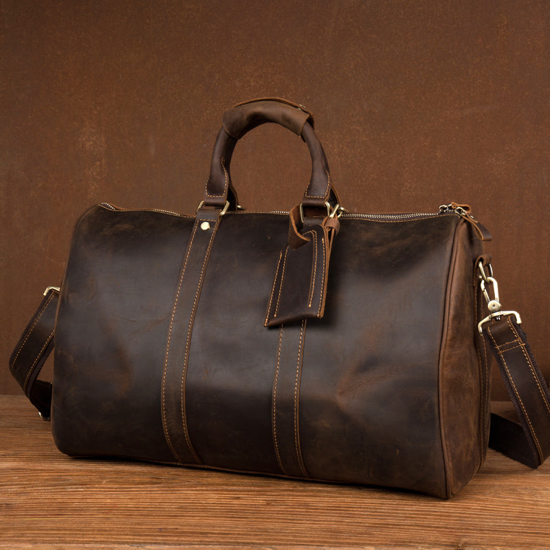 Men's Crazy Horse Leather Duffel, Vintage Weekender Bag