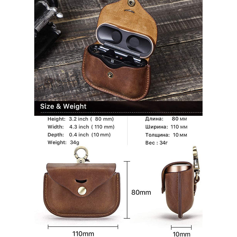Full Grain Leather Earphone Case For Sony WF-1000xm3 Leather Case with Carabiner Portable Protective Case earphone Sony-Brown