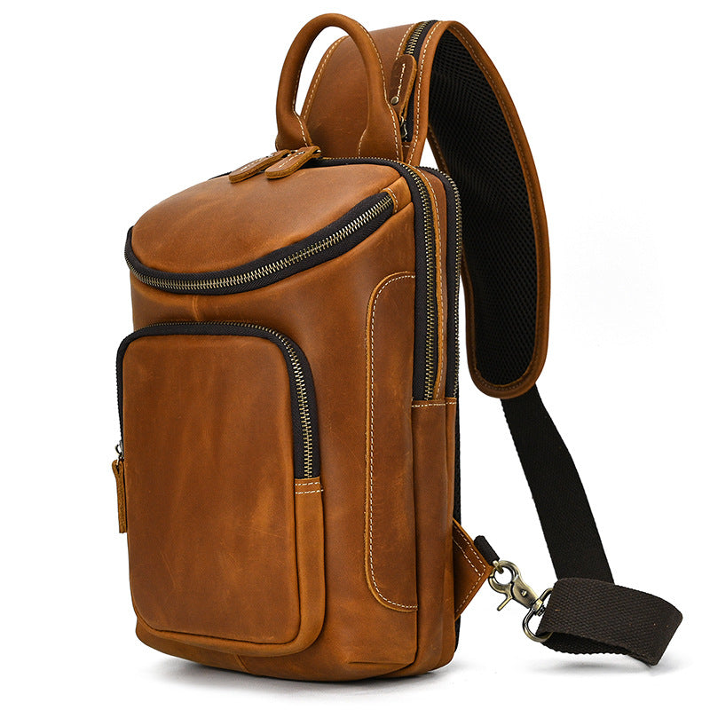 Full Grain Leather Chest Bag Retro Leather Crossbody Bag Handmade Mens Leather Sling Bag