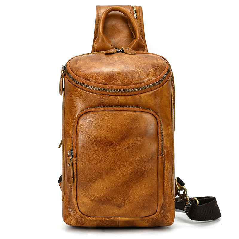 Full Grain Leather Chest Bag Retro Leather Crossbody Bag Handmade Mens Leather Sling Bag