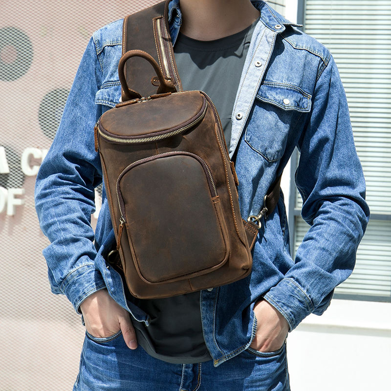 Full Grain Leather Chest Bag Retro Leather Crossbody Bag Handmade Mens Leather Sling Bag