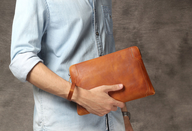 Full Grain Leather Clutch Handmade Mens Wrist Bag Large Long Wallet For Men SWK1109