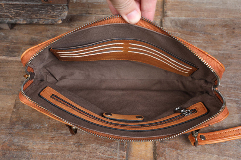 Full Grain Leather Clutch Handmade Mens Wrist Bag Large Long Wallet For Men SWK1109