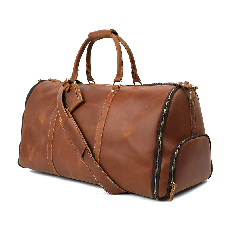 Men's Convertible Full Grain Leather Garment Bag, Carry-On Weekender with Shoe Compartment