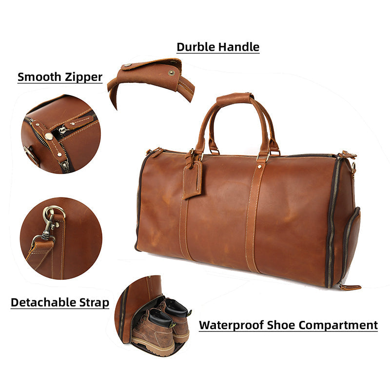 Men's Convertible Full Grain Leather Garment Bag, Carry-On Weekender with Shoe Compartment